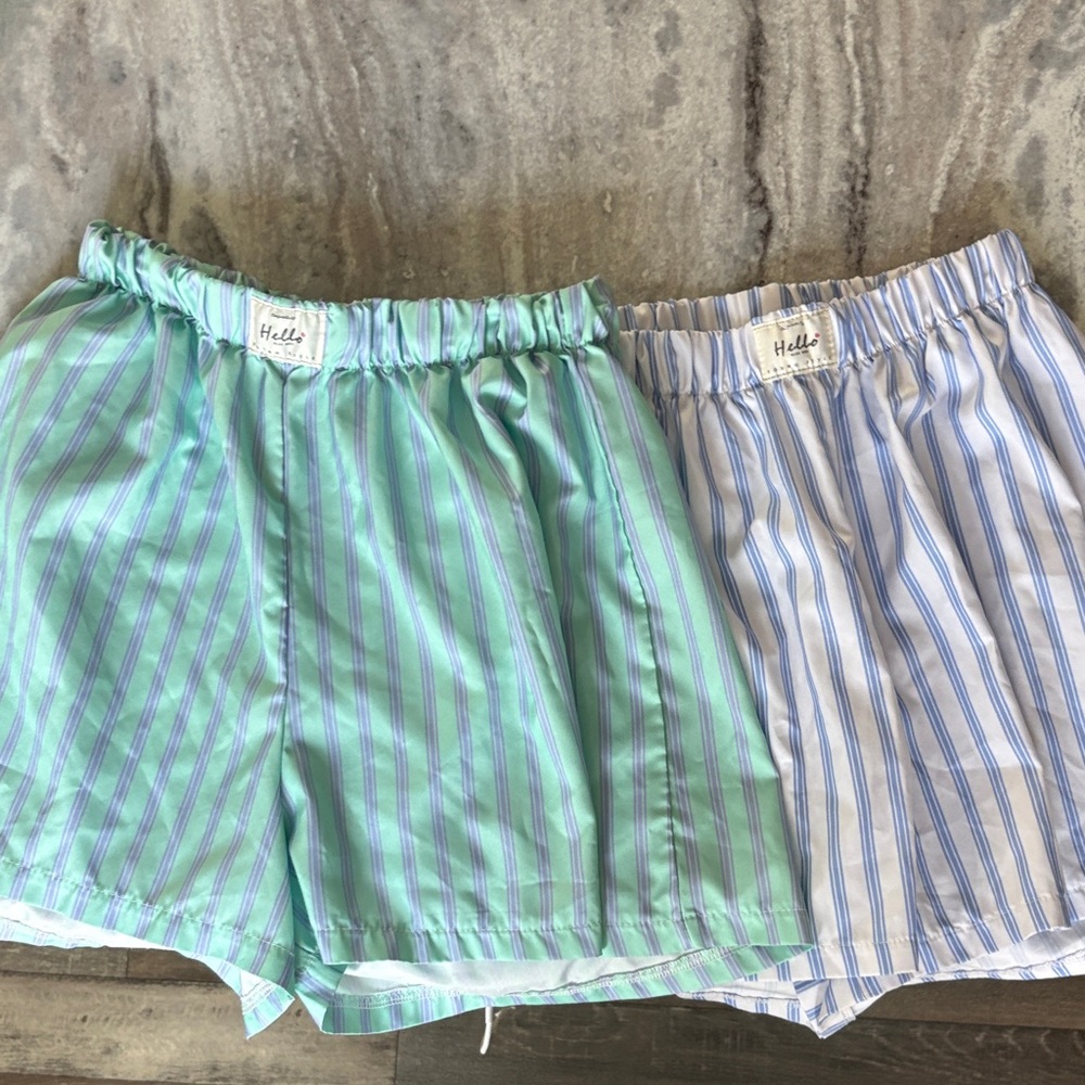 Hello Two-Pair Striped Sleep Shorts - Green & Blue
